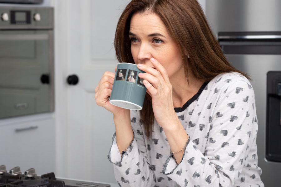 woman drinking breakfast coffee from Bronte mug