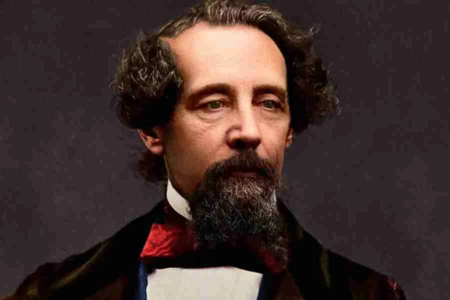 Colorized portrait photograph of Charles Dickens